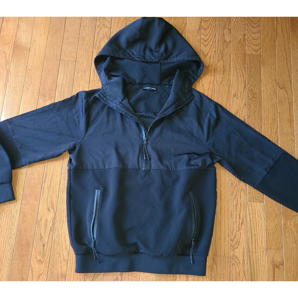 Kenneth Cole Black XS Pullover 1/4 Hidden Zip Windbreaker w Hoodie Sleek 2Tone